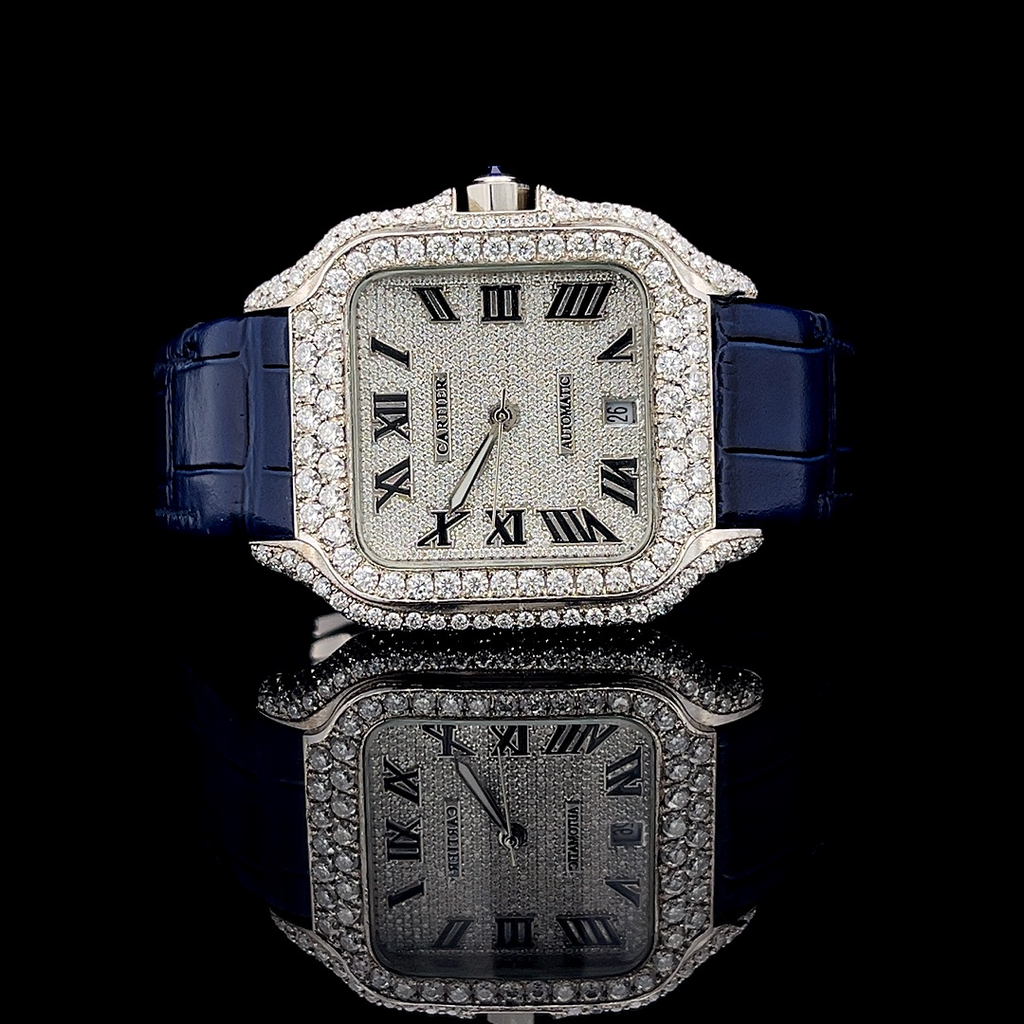 Cartier Santos Leather Strap VVS Lab Diamonds