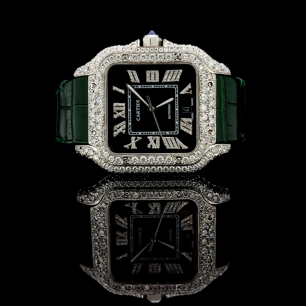 Cartier Santos Leather Strap VVS Moissanite